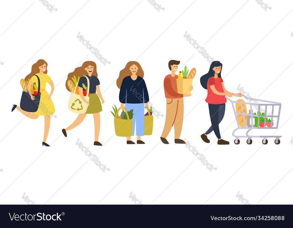 people-carry-food-in-packages-in-shop-royalty-free-vector