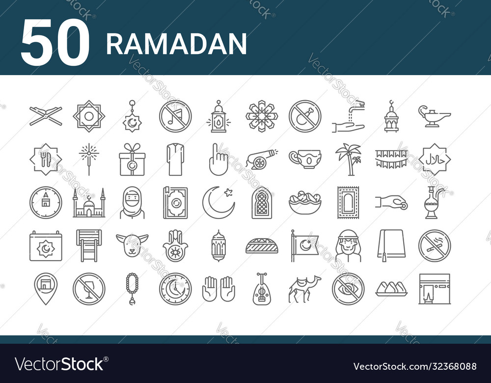 Set 50 ramadan icons outline thin line