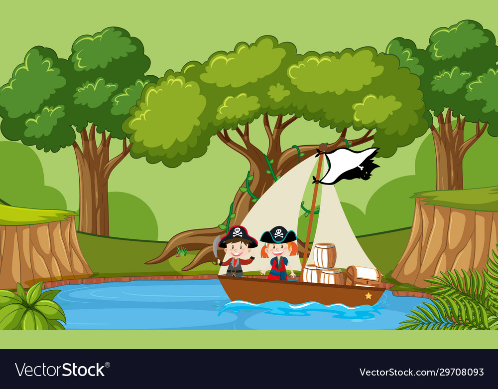 Background scene with kids playing pirate in the Vector Image