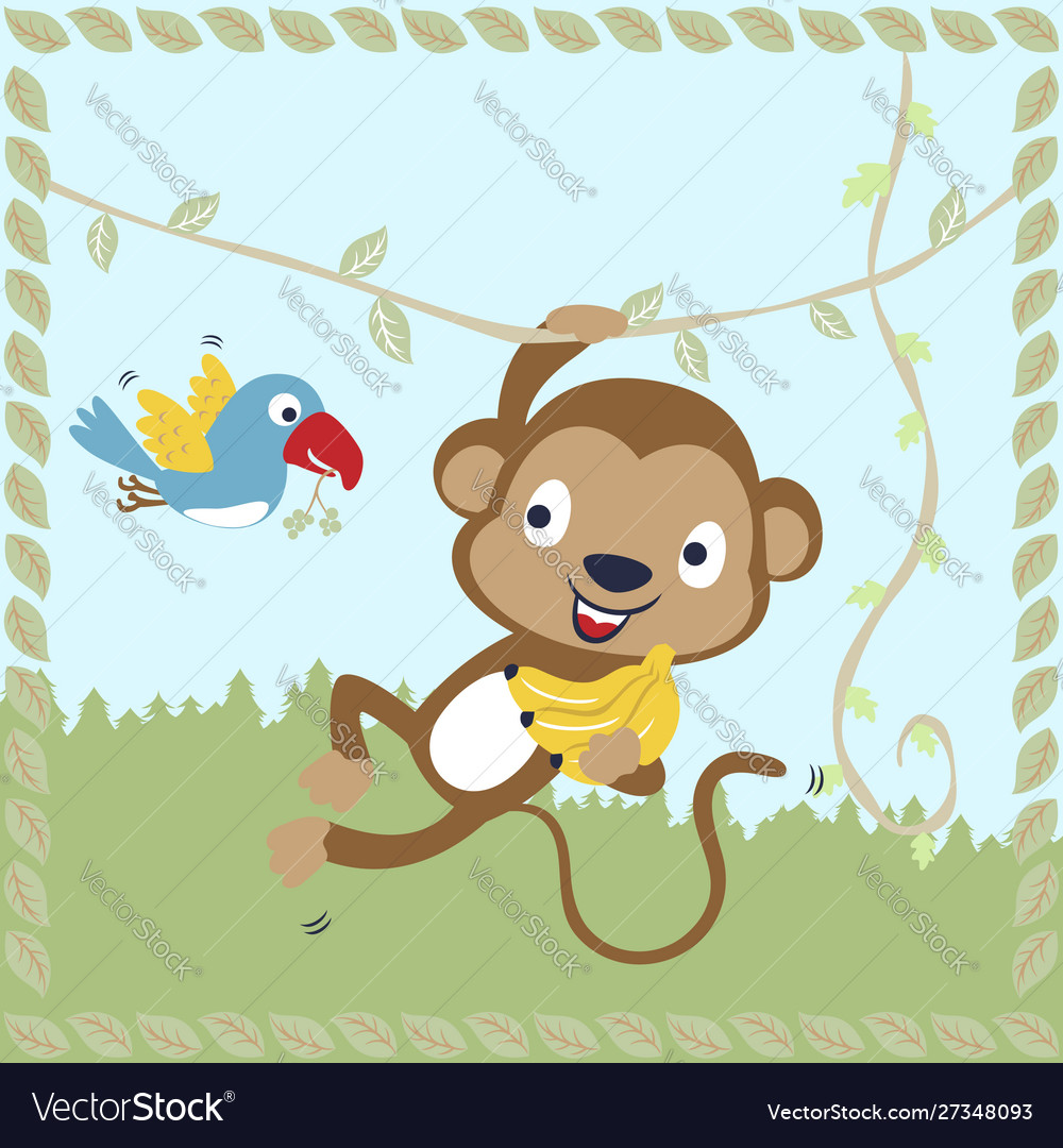 Cartoon monkey with bird in jungle in leaves Vector Image Cartoon monkey with bird in jungle in leaves Vector Image