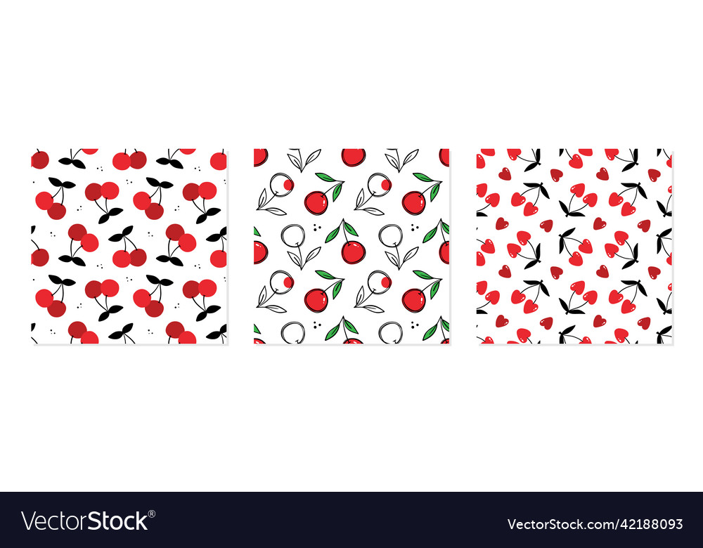 Cherry seamless pattern backgrounds set vector image Cherry seamless pattern backgrounds set