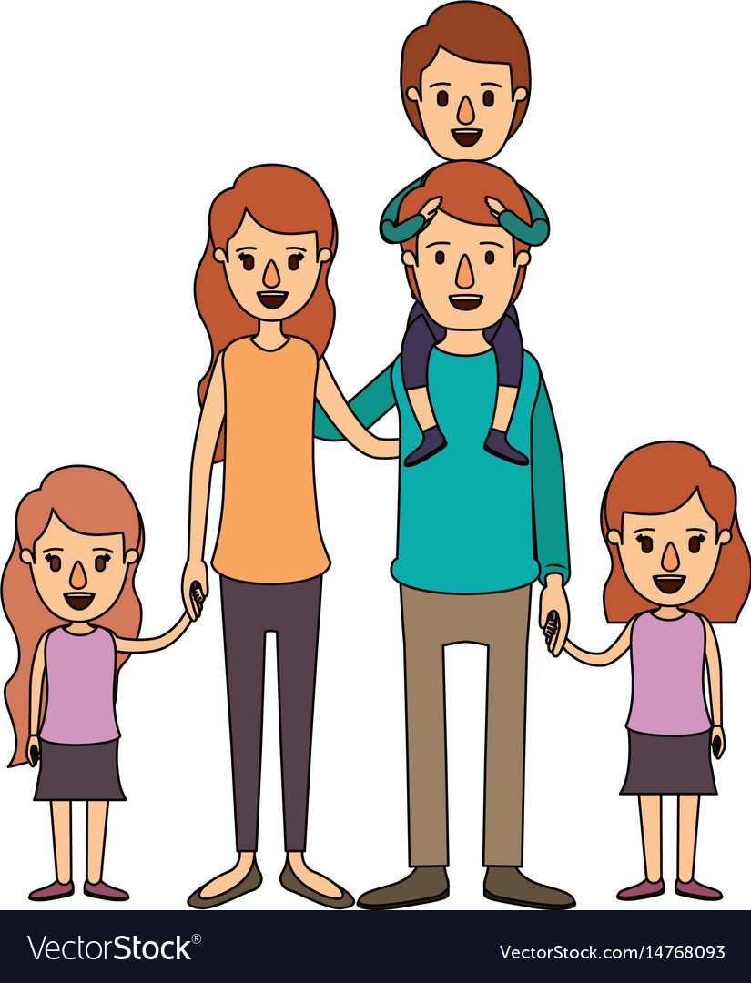 Color image caricature big family parents with boy