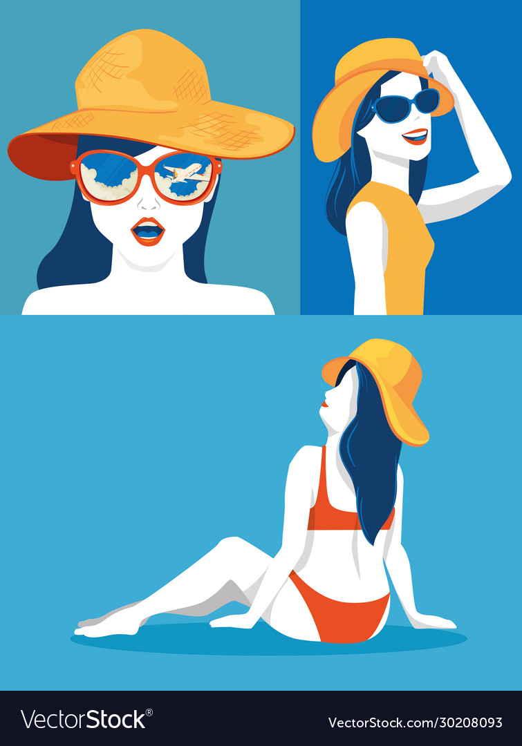 Set poster women with hats summer