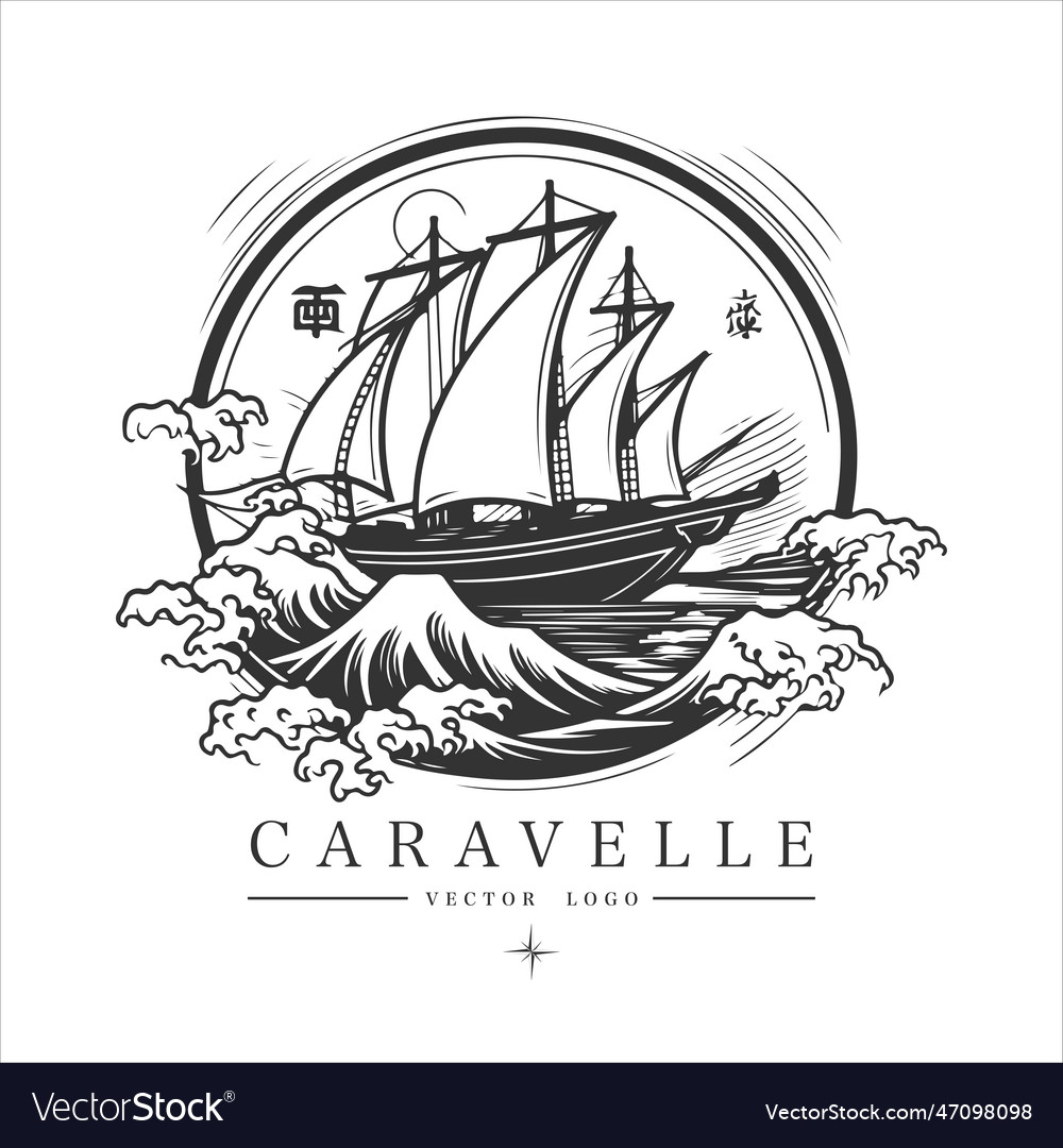 Sailing boat caravelle frigate on the water logo Vector Image