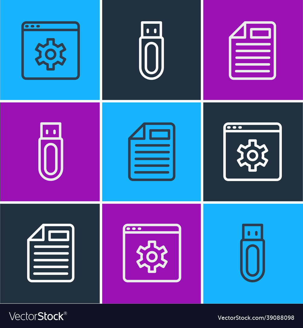 Set line browser setting file document and usb vector image Set line browser setting file document and usb