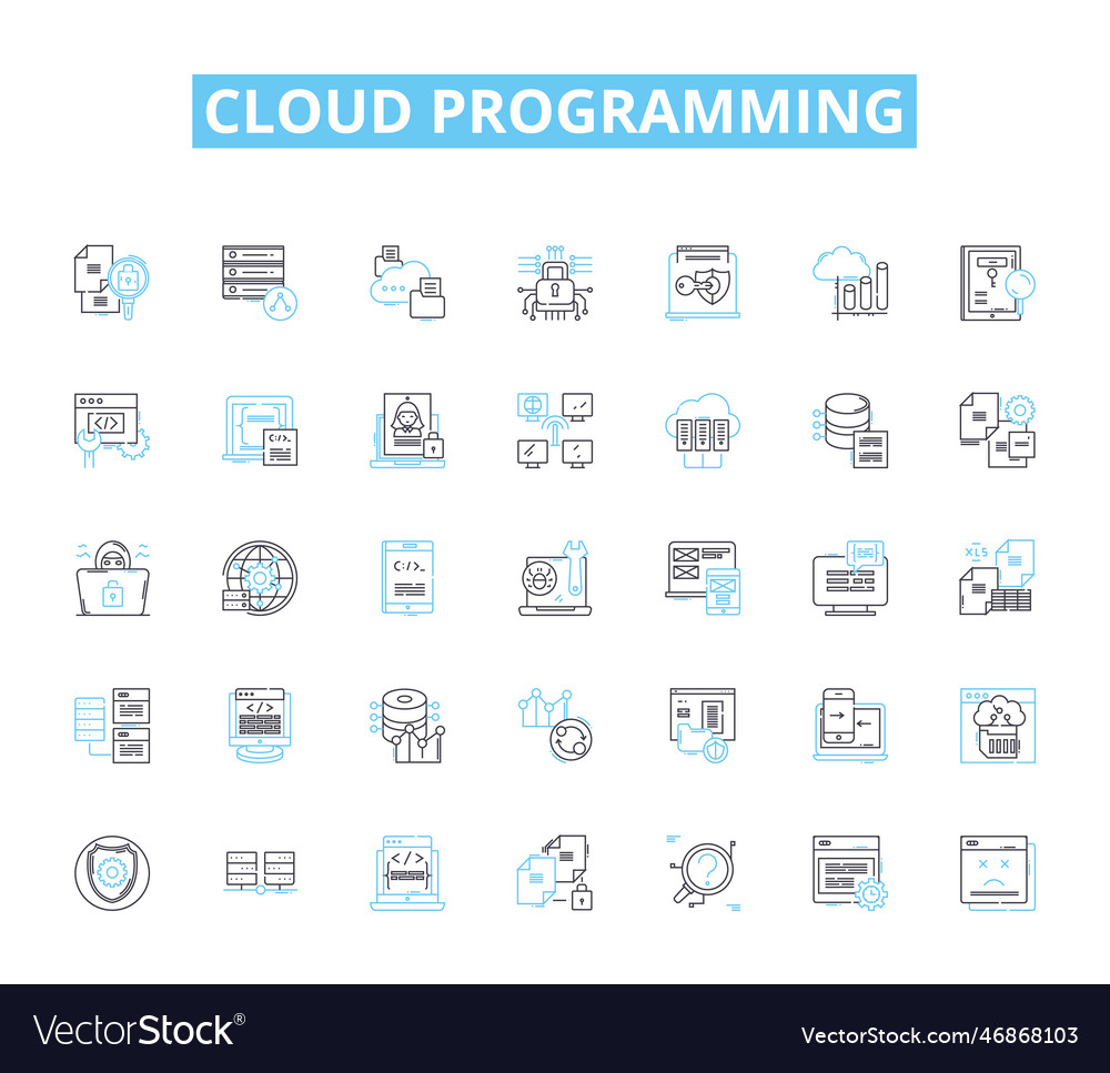 Cloud programming linear icons set virtualization