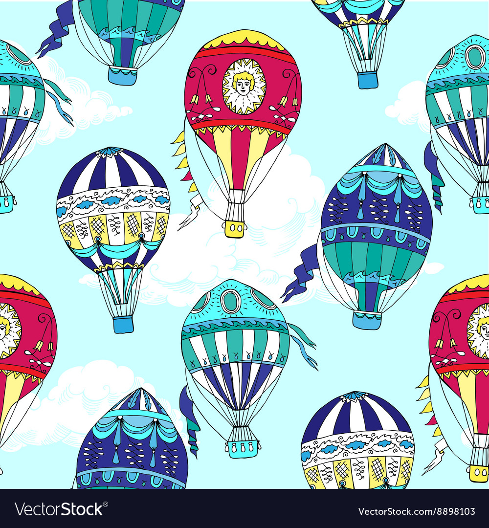 Seamless pattern with clouds and hot air balloons