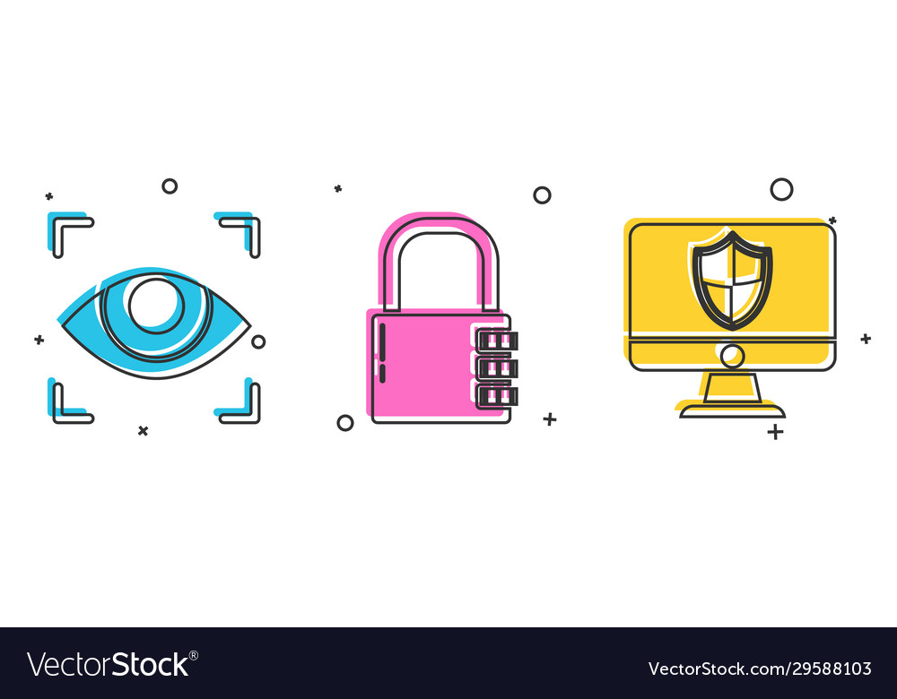 Set eye scan safe combination lock and computer vector image Set eye scan safe combination lock and computer