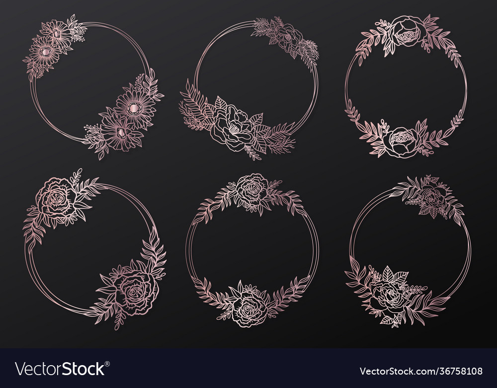 Floral frame wreath circleink line style gold