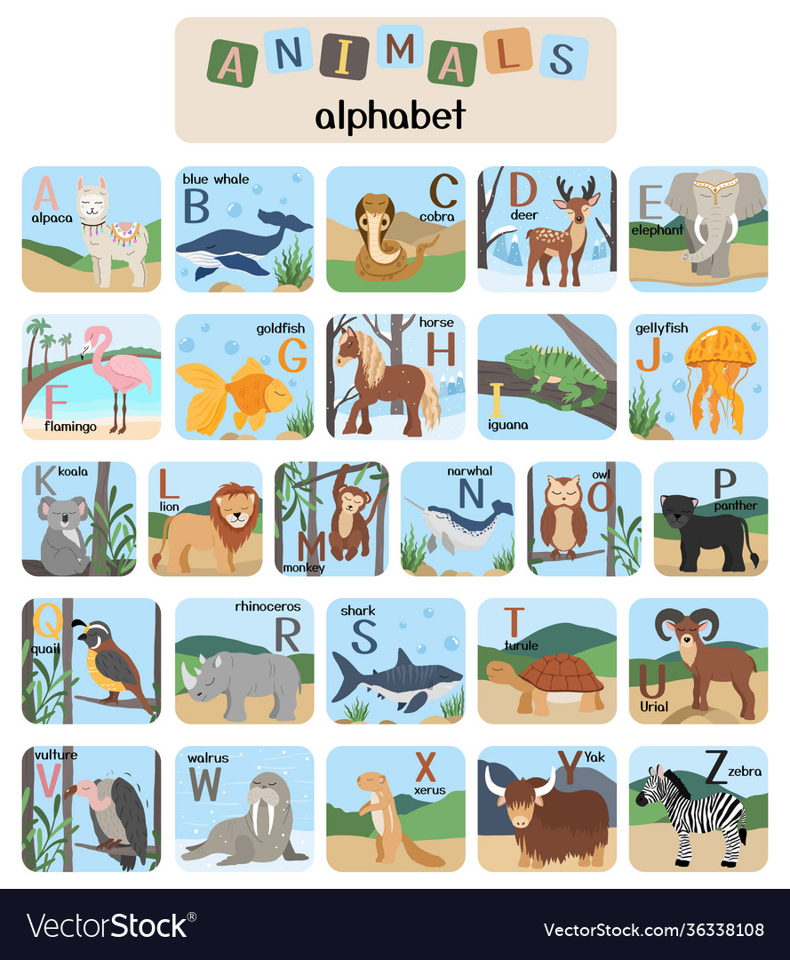 Letters alphabet with cute animals Royalty Free Vector Image