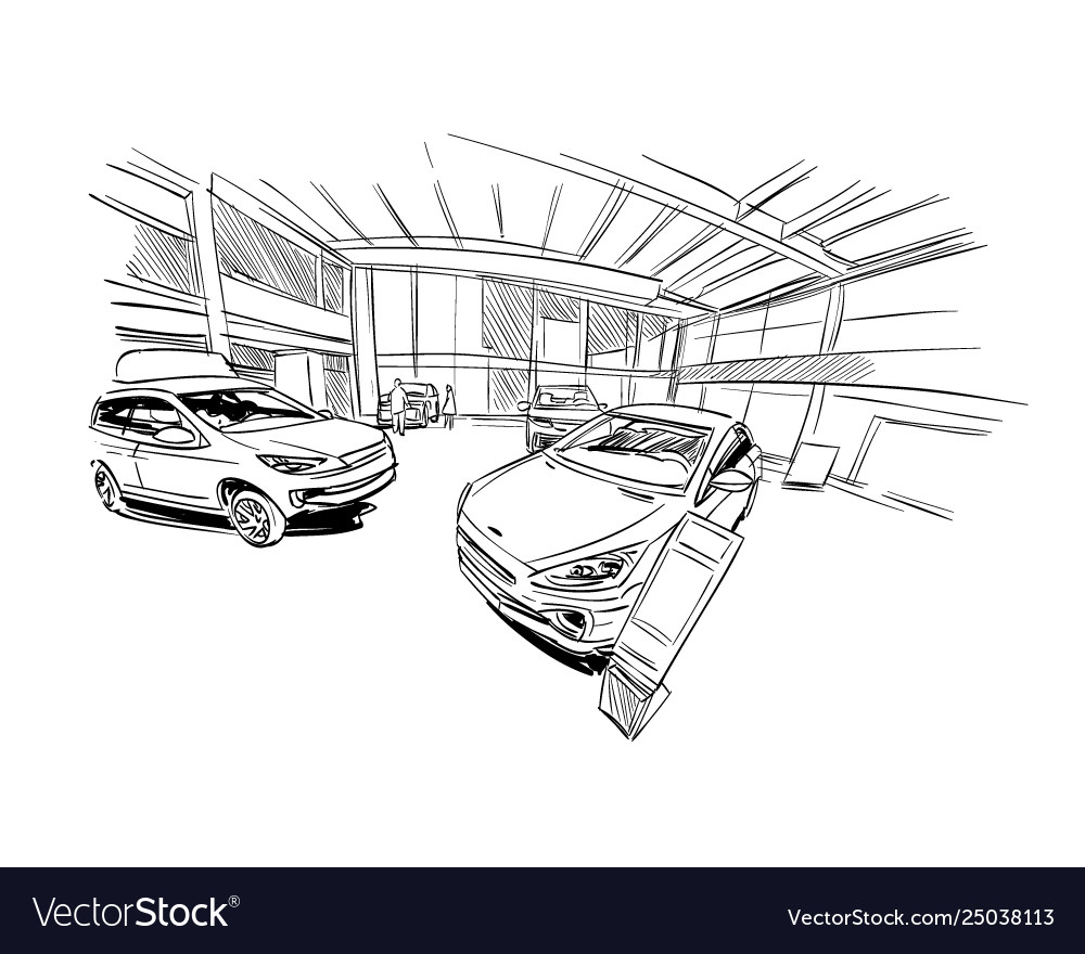 Car Showroom Exterior Design Sketch Hand Drawn