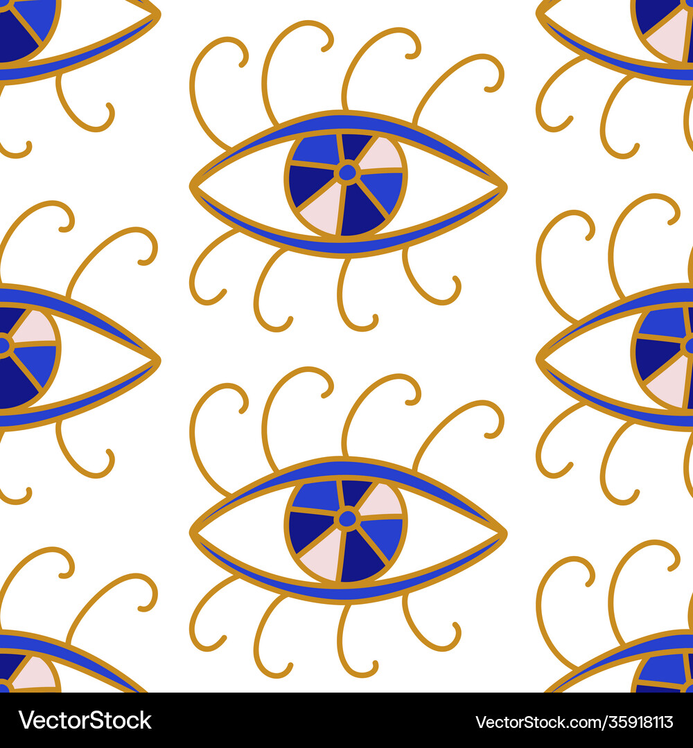 Evil eyes seamless pattern in blue golden colors Vector Image