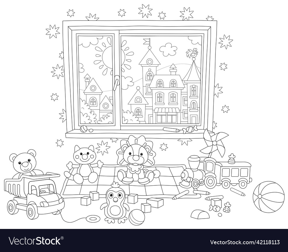 Funny toys scattered in a nursery vector image Funny toys scattered in a nursery
