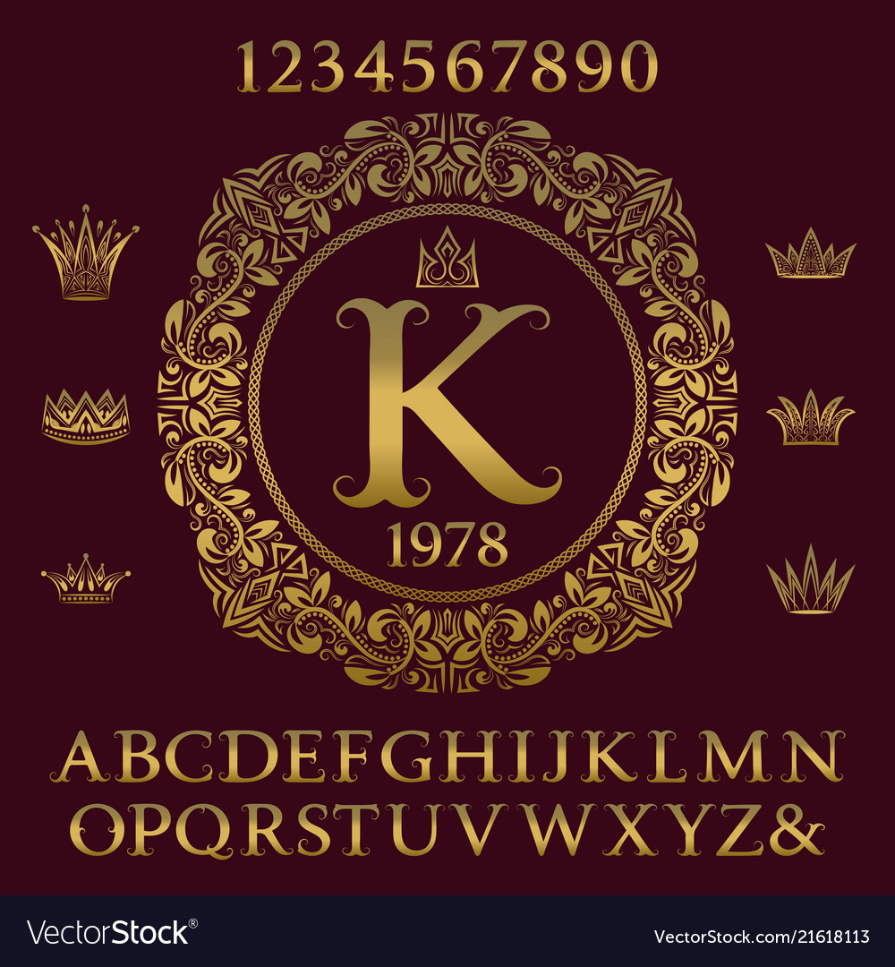 Golden letters and numbers with initial monogram vector image Golden letters and numbers with initial monogram