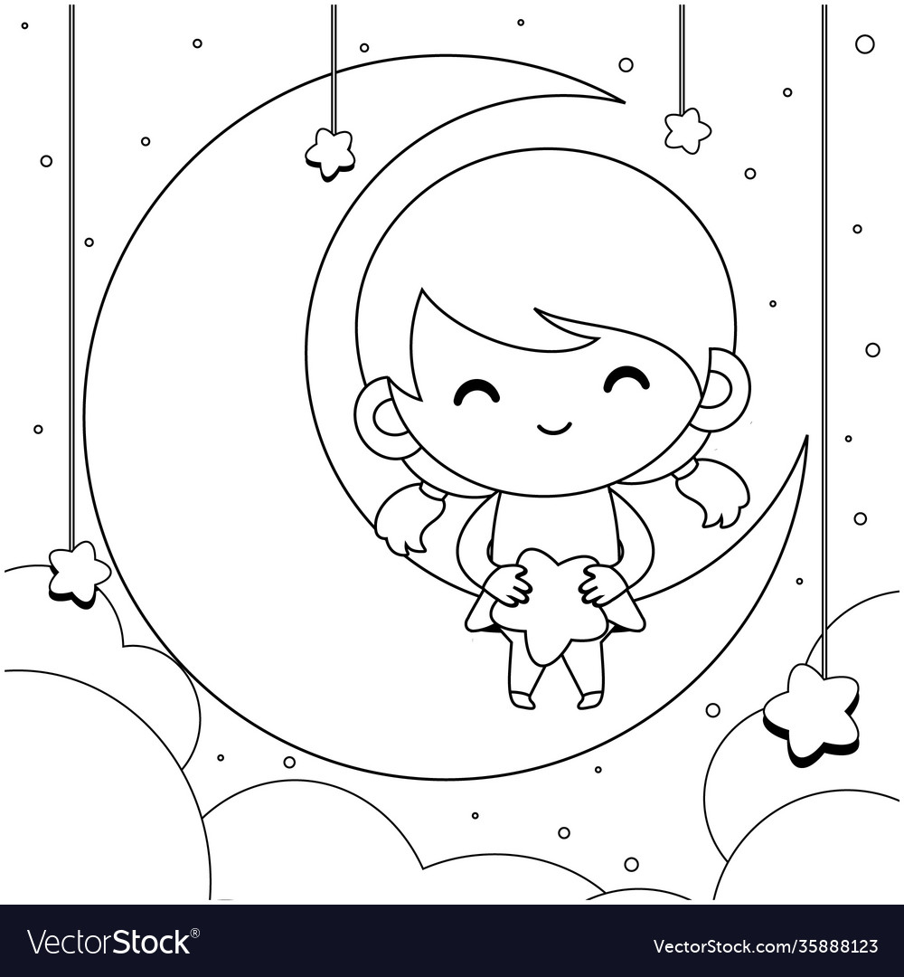 Cartoon girl sitting on moon cloring book vector image Cartoon girl sitting on moon cloring book