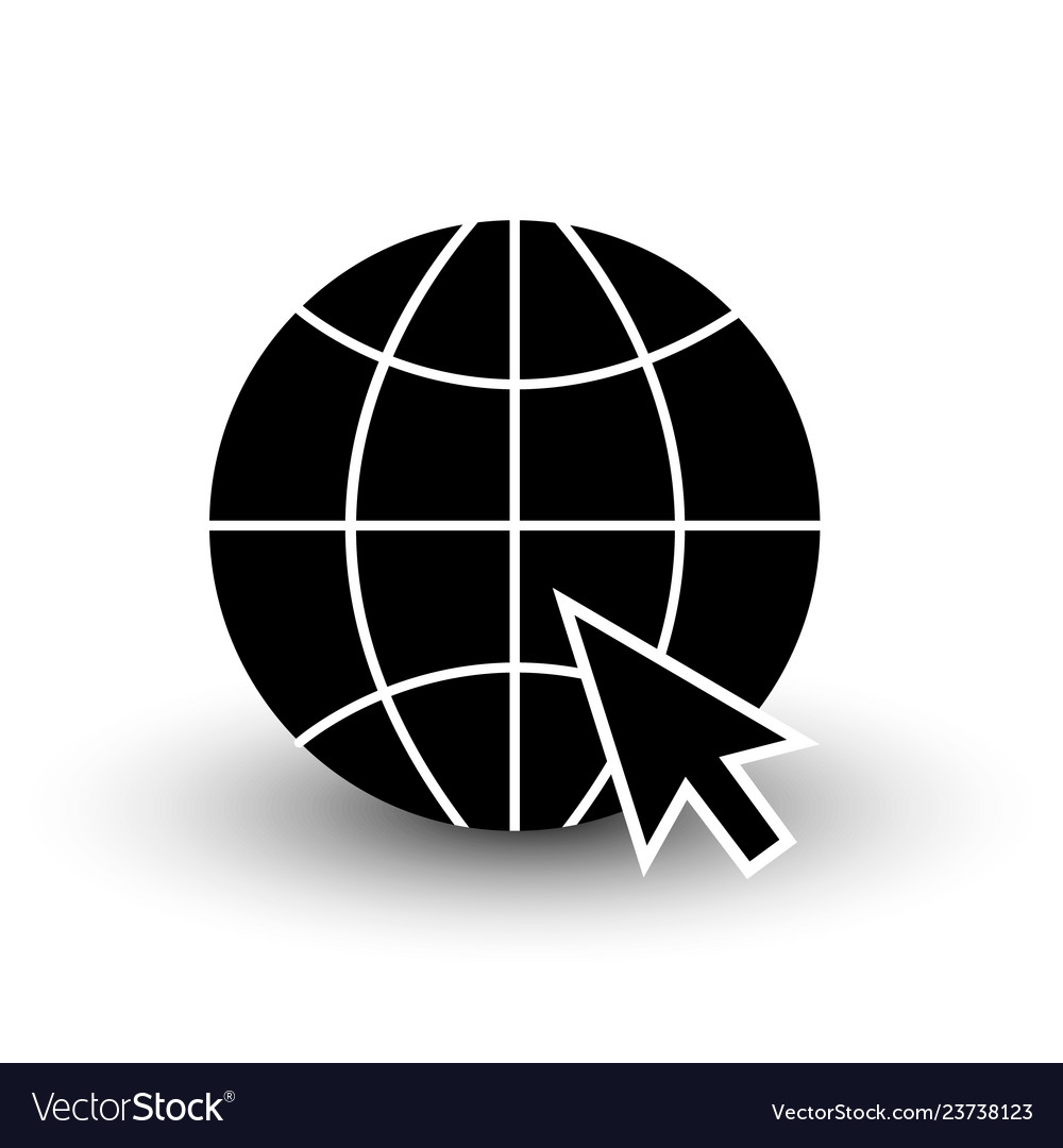 Globe wireframe black icon with cursor isolated