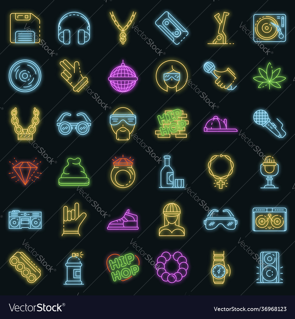 Hiphop icon set neon vector image Hiphop icon set neon