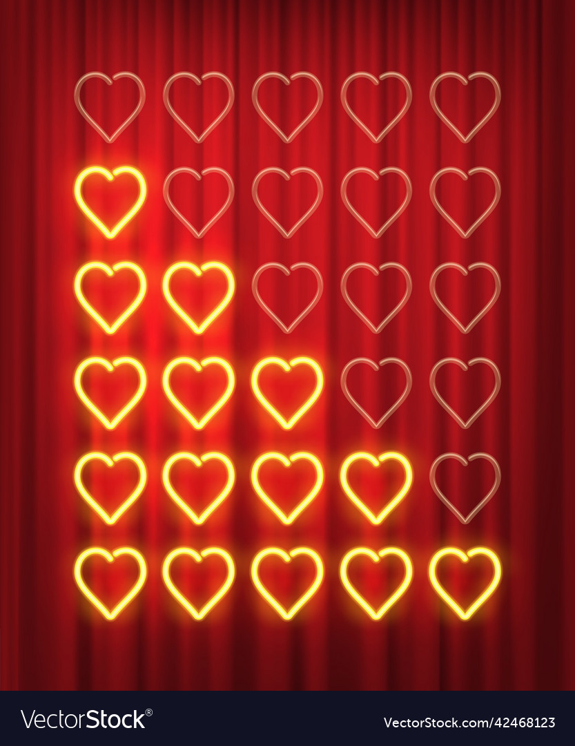 Set of yellow neon hearts rating design elements