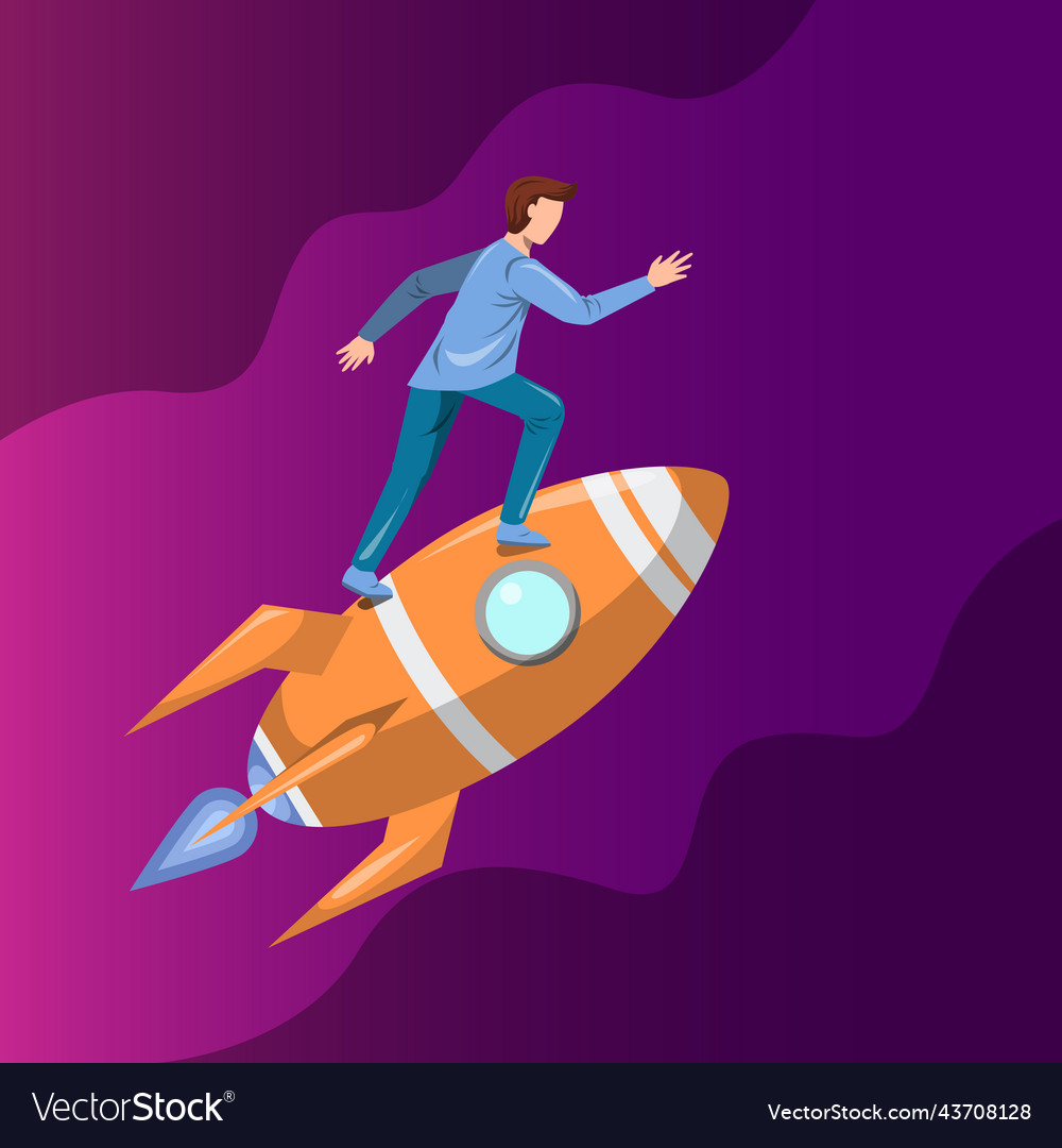 Man on rocket launch space with flat