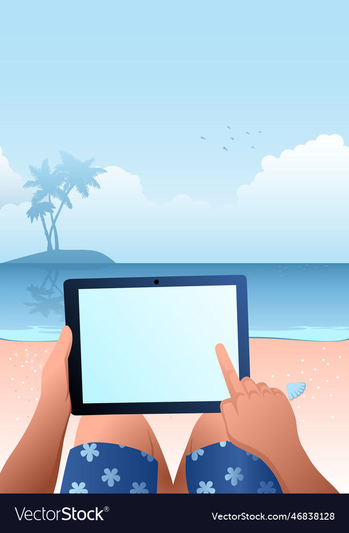 Man using tablet computer on tropical beach vector image Man using tablet computer on tropical beach