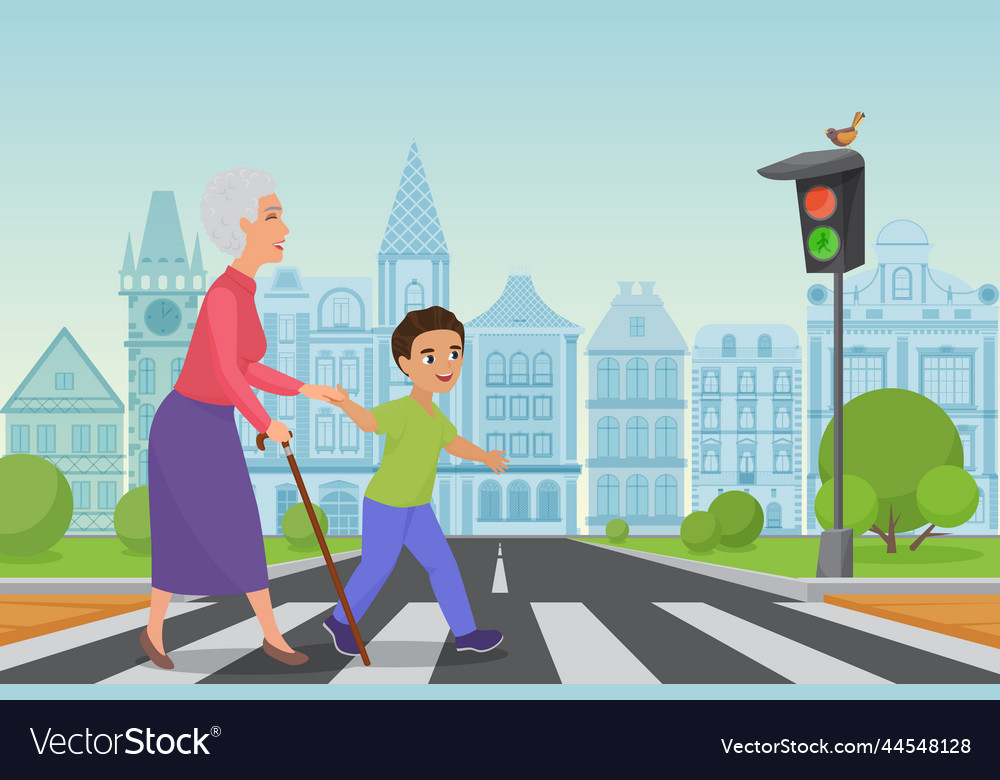 Polite Little Boy Helps Smiling Old Woman To Pass Vector Image 3961