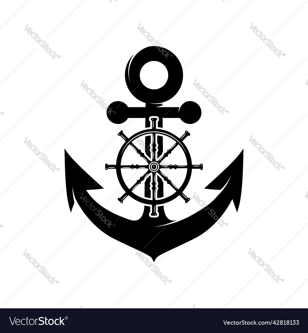 An anchor with ship steering wheel in monochrome Vector Image