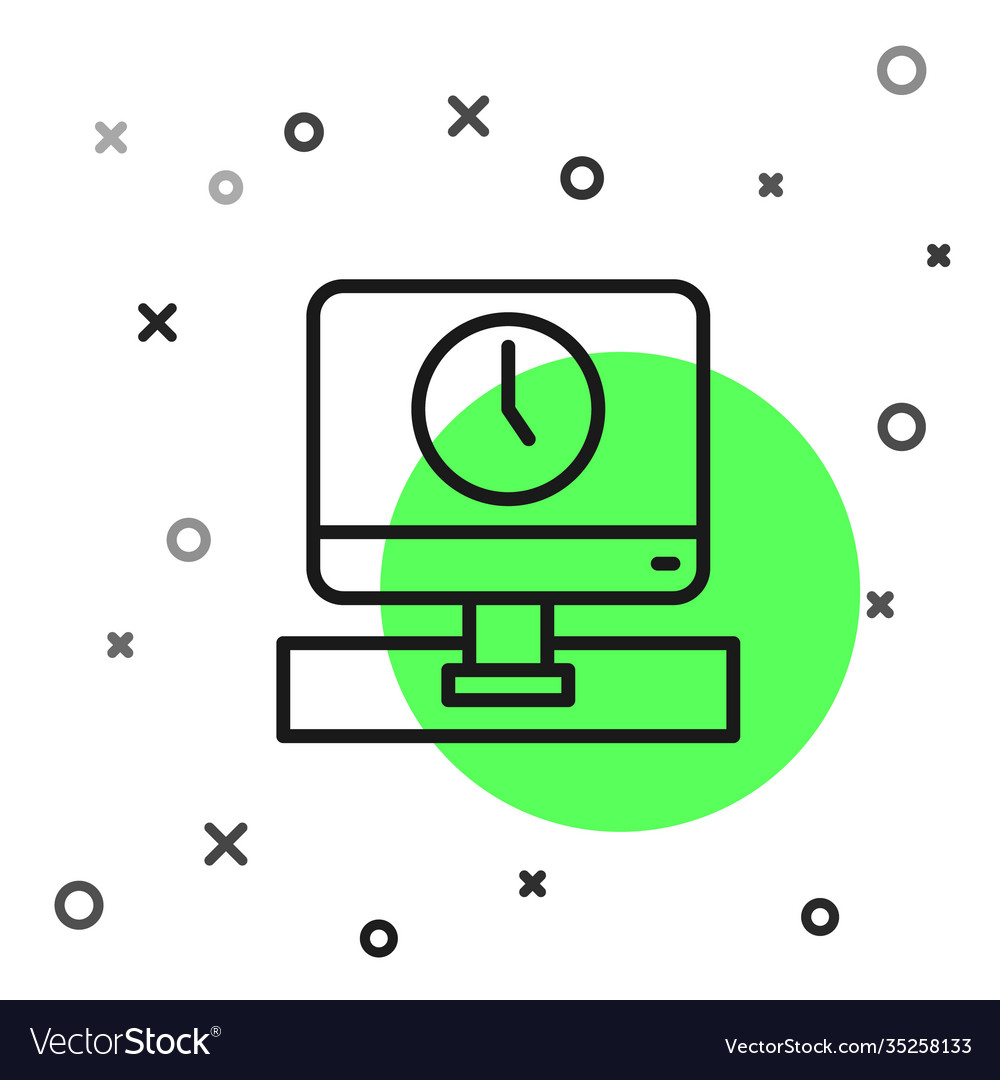 Black line computer monitor time icon isolated