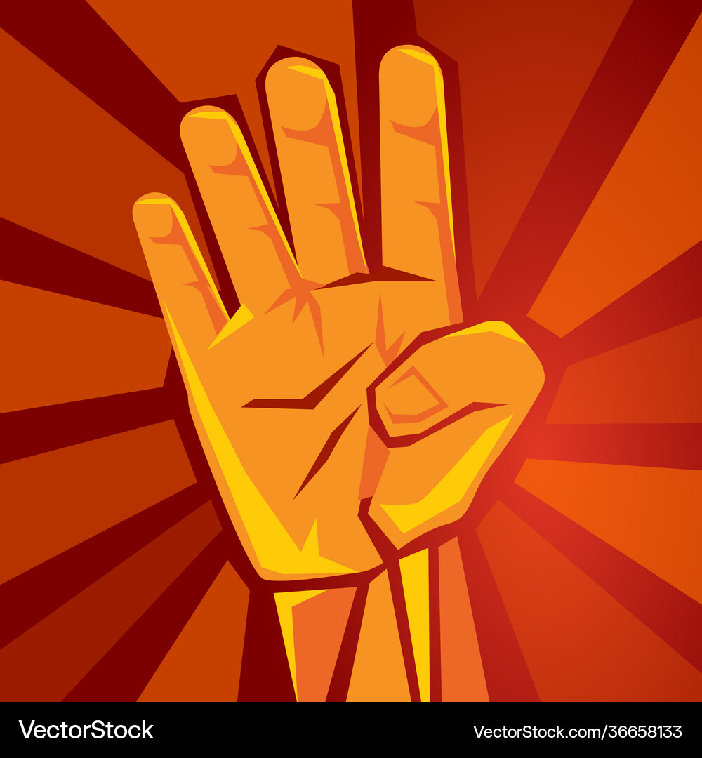 Hand shows four finger with red background symbol Vector Image