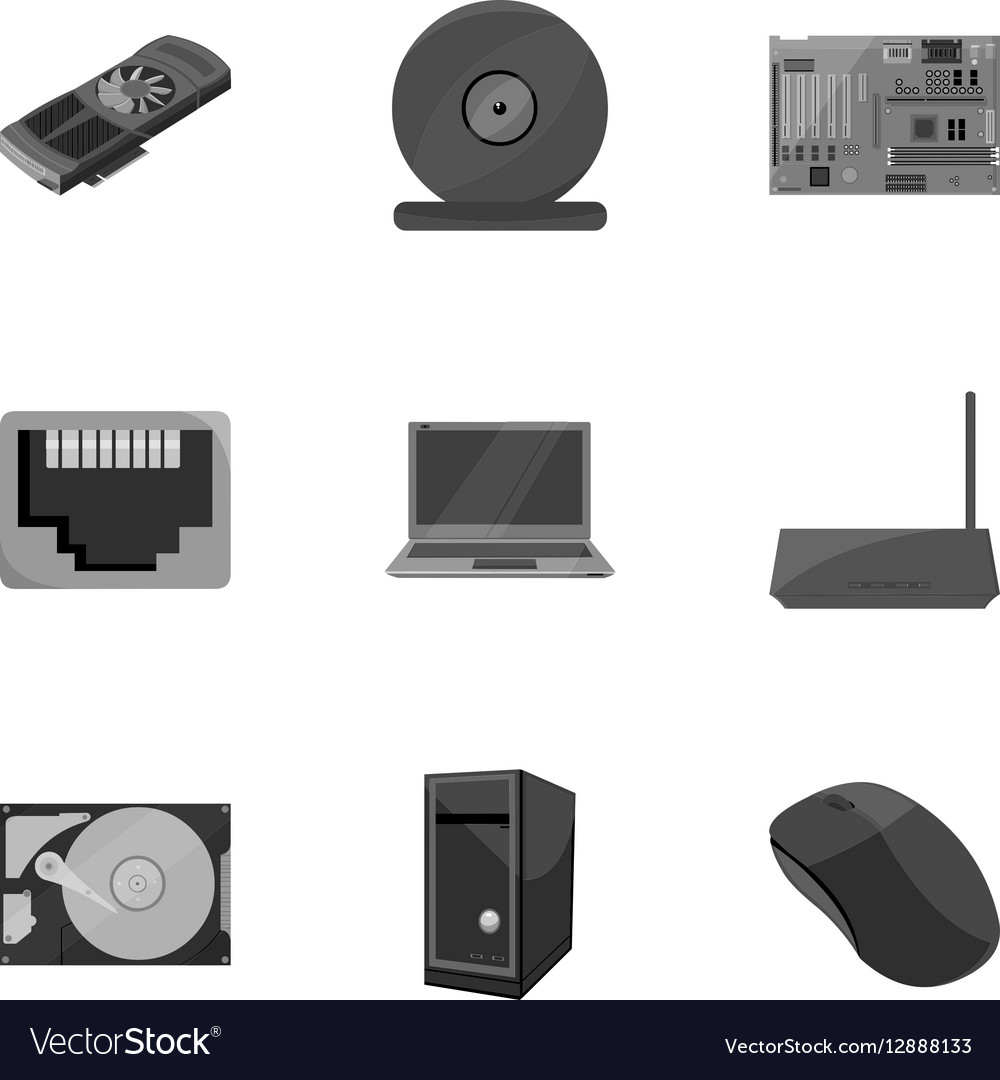 Personal computer set icons in monochrome style