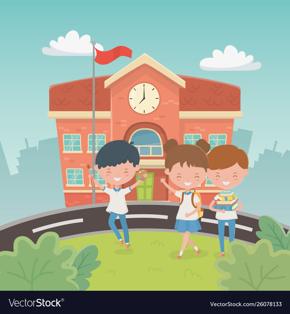 School building with kids in landscape scene Vector Image