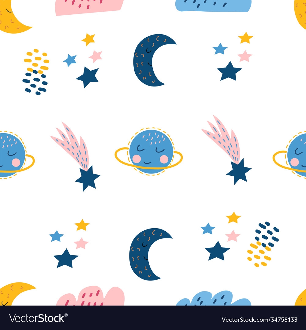 Seamless pattern with moon clouds planet stars
