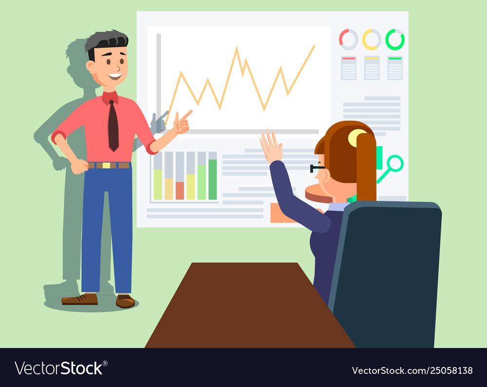 Man presenting growing chart and graphs on board vector image Man presenting growing chart and graphs on board