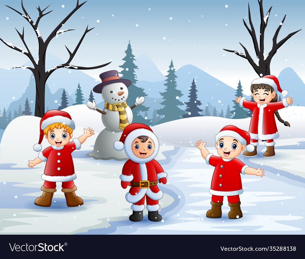 Winterszene mit Kindern im Santa Kostüm vector image Winterszene mit Kindern im Santa Kostüm