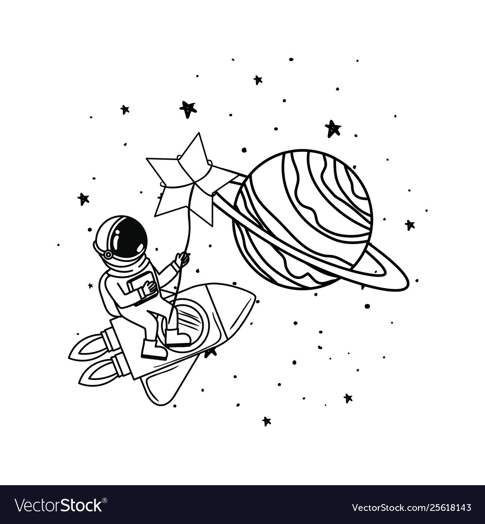 Astronaut with spacesuit and rocket in white