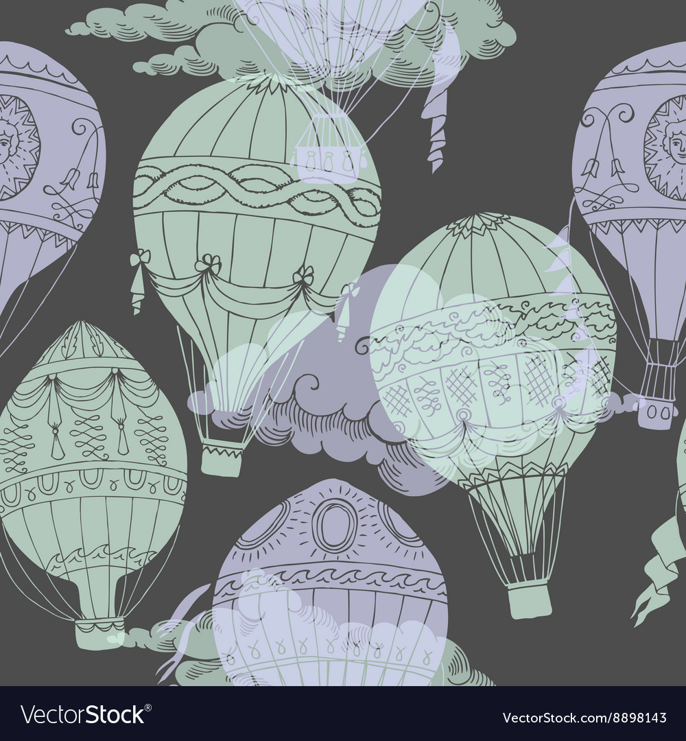 Seamless pattern with clouds and hot air balloons