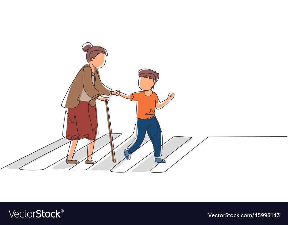 Single continuous line drawing polite boy help Vector Image