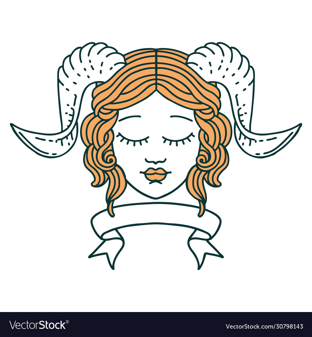 Tiefling character face with scroll banner