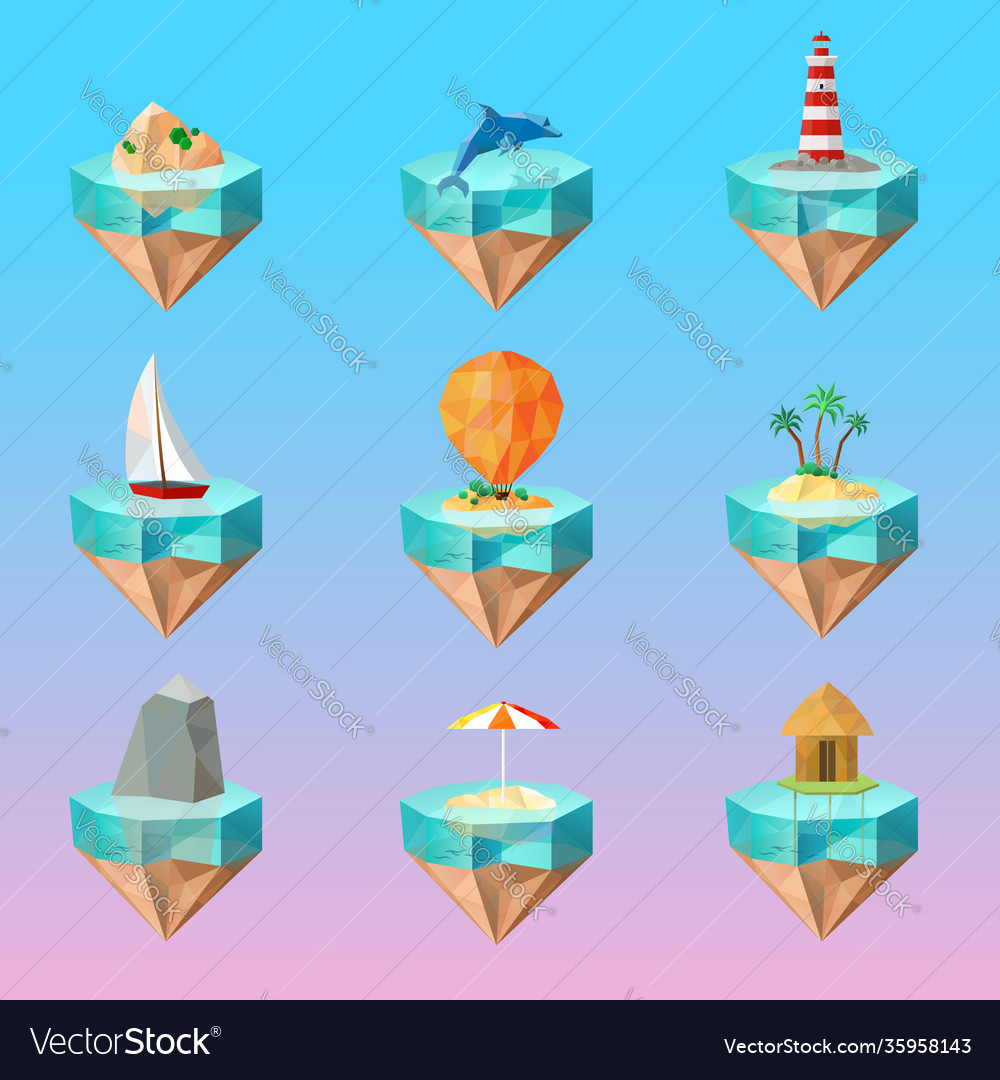 Tropical island symbols polygonal icons set