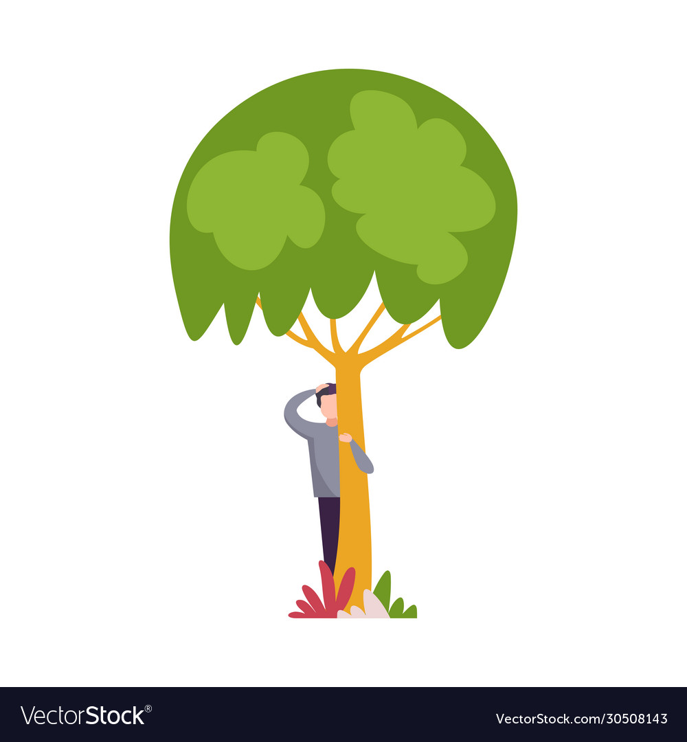 Young man standing behind green tree scratching Vector Image