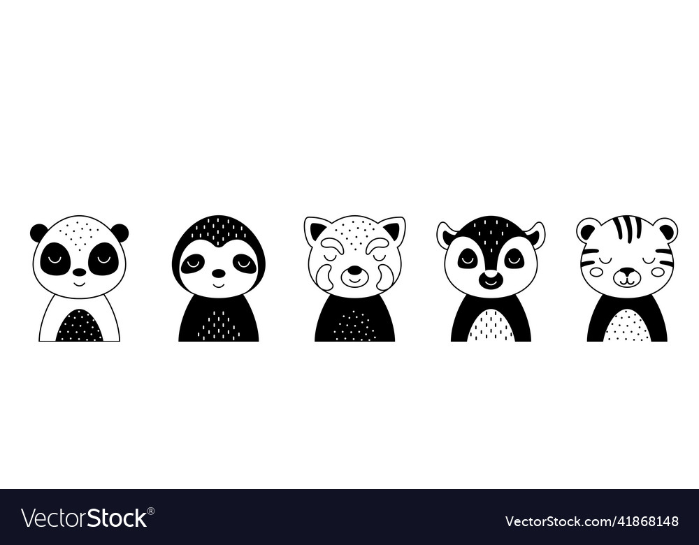Black and white animals set of panda sloth red