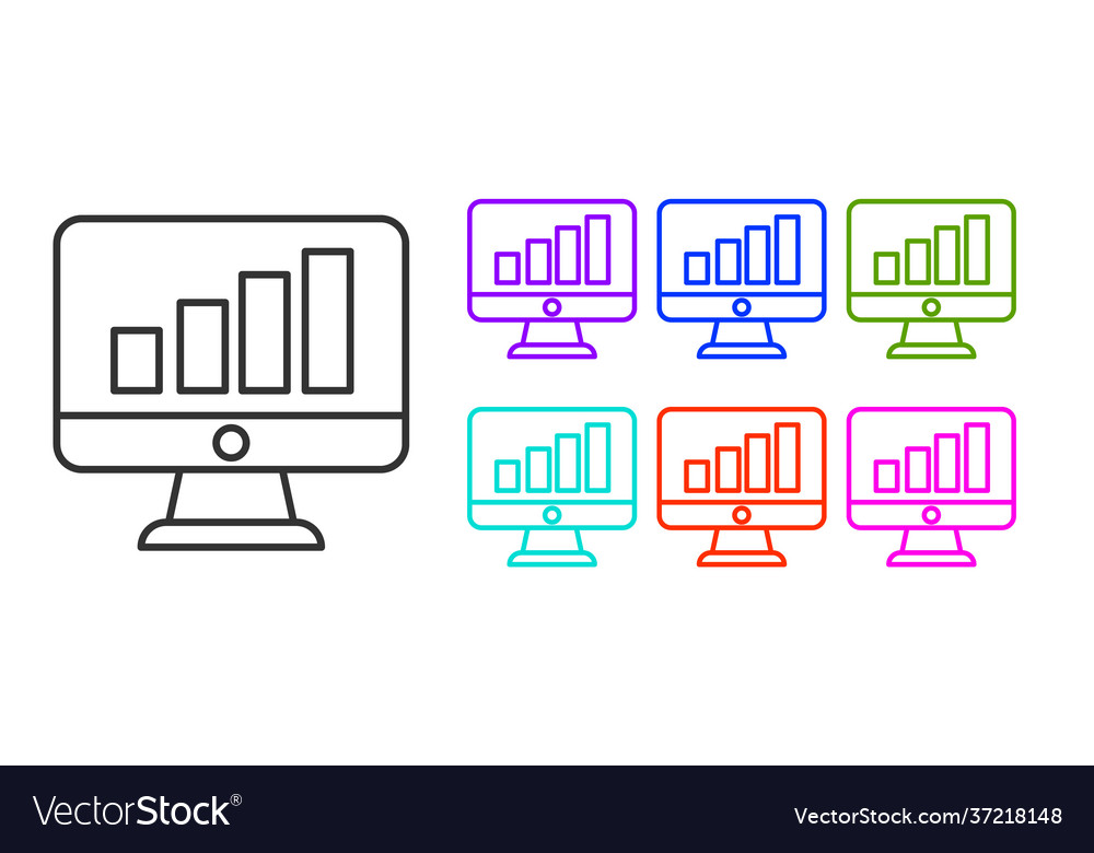 Black line computer monitor with graph chart icon vector image Black line computer monitor with graph chart icon