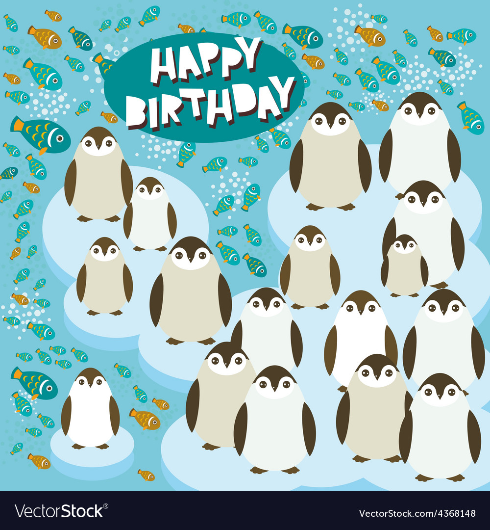 Happy birthday card funny penguins on an ice floe Vector Image