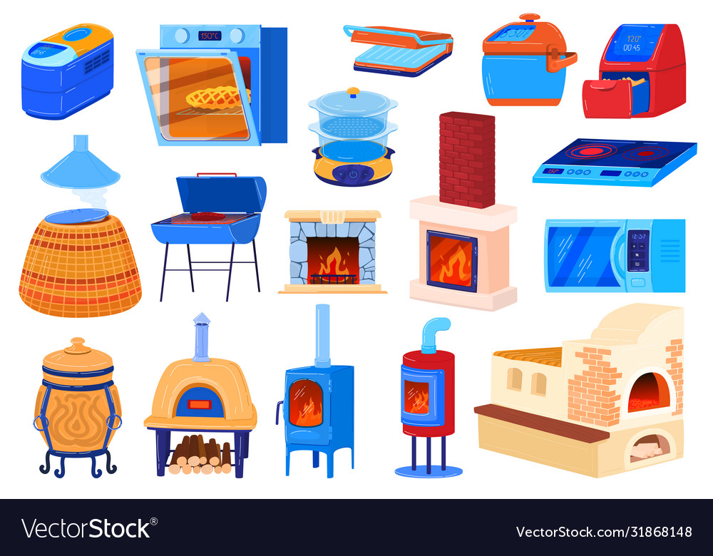 Oven stove cartoon flat set