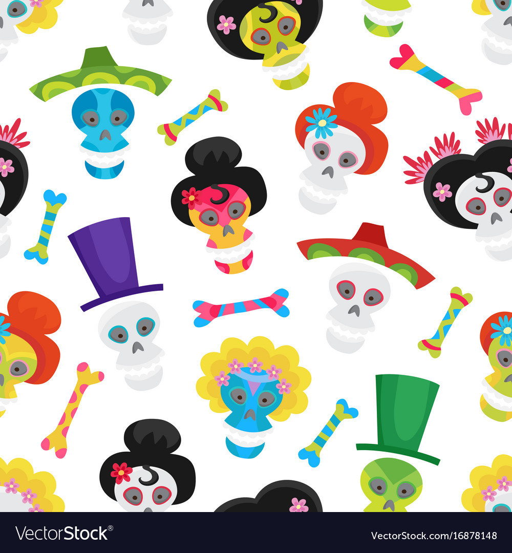 Seamless pattern with colorful skulls and bones