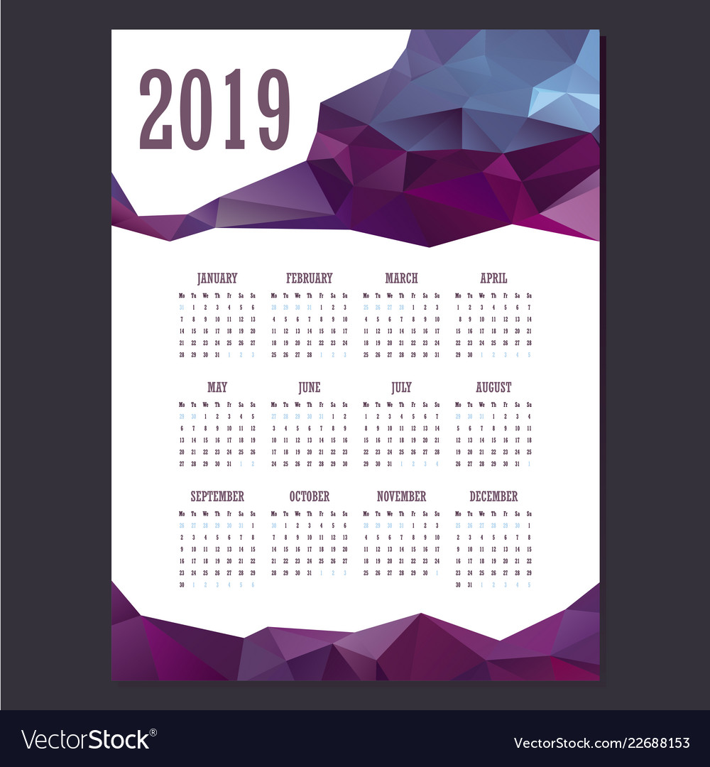 2019 Geometric Calendar With Purple Colors Vector Image