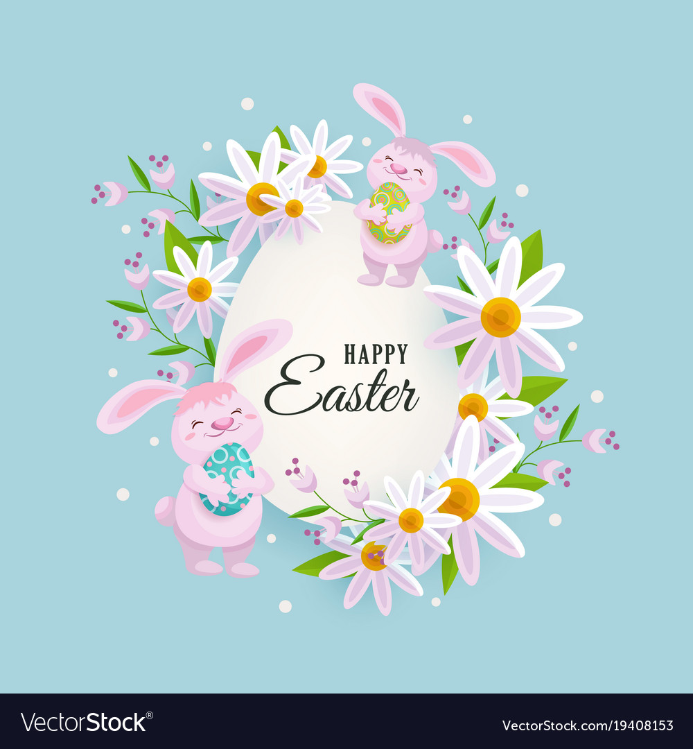 Happy easter greeting card with bunnies flowers