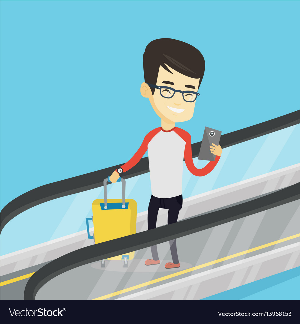 Man using smartphone on escalator in airport Vector Image Man using smartphone on escalator in airport