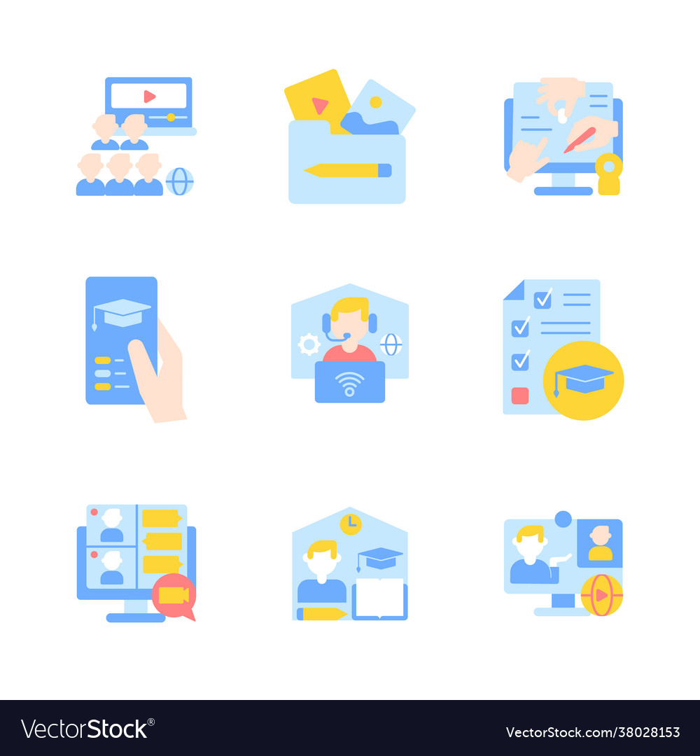 Remote classes flat color icon set vector image Remote classes flat color icon set