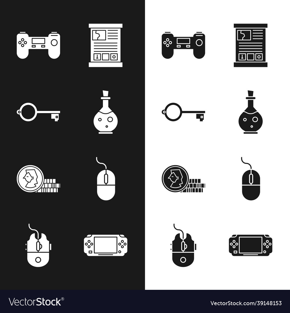 Set bottle with magic elixir ancient key for game vector image Set bottle with magic elixir ancient key for game