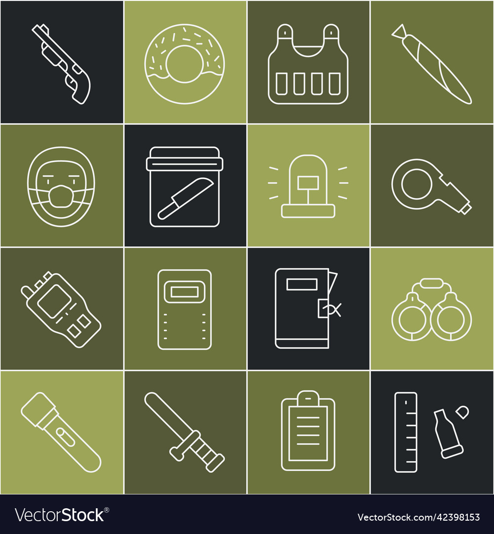 Set line bullet casing with ruler handcuffs vector image Set line bullet casing with ruler handcuffs